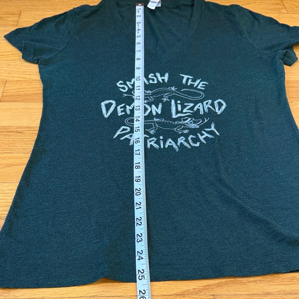 Bella Canvas Teal Graphic V-Neck Tee - Smash the Demon Lizard Patriarchy - Picture 4 of 5